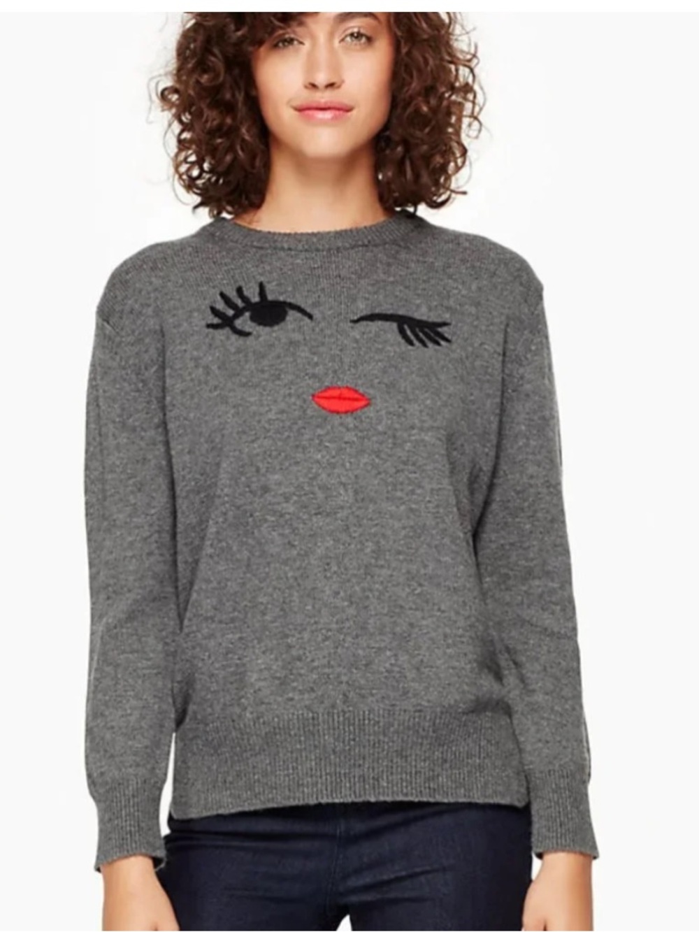 kate spade Charcoal Gray Crewneck Sweater with Red Lip Motif